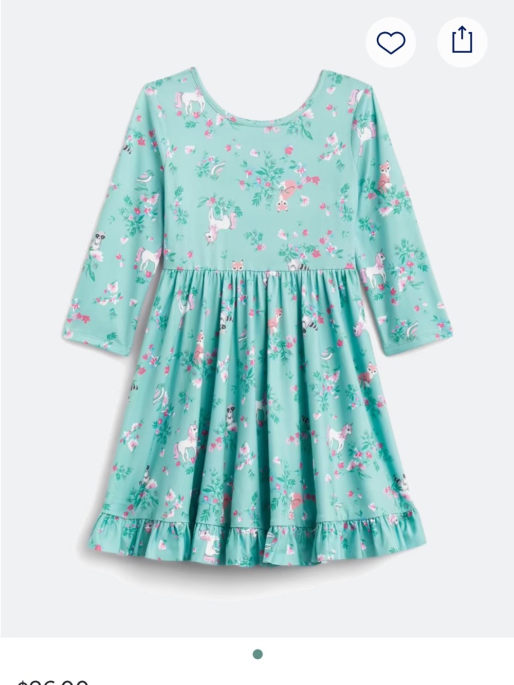 Girls' Mint Unicorn & Floral Long-Sleeve Ruffle Hem Dress